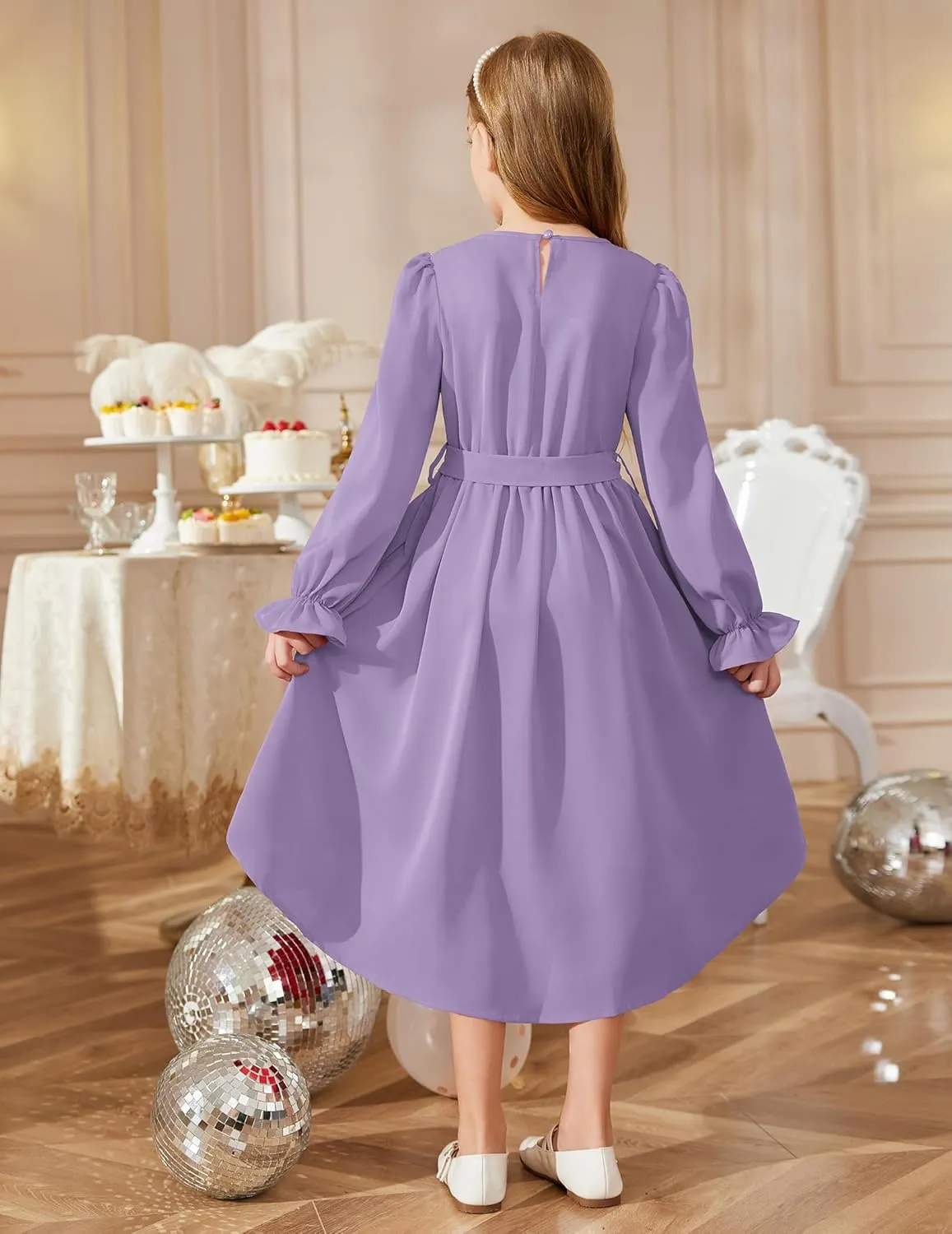 Arshiner Girls Long Sleeve Dress Low Flowy Swing Semi Party Dresses