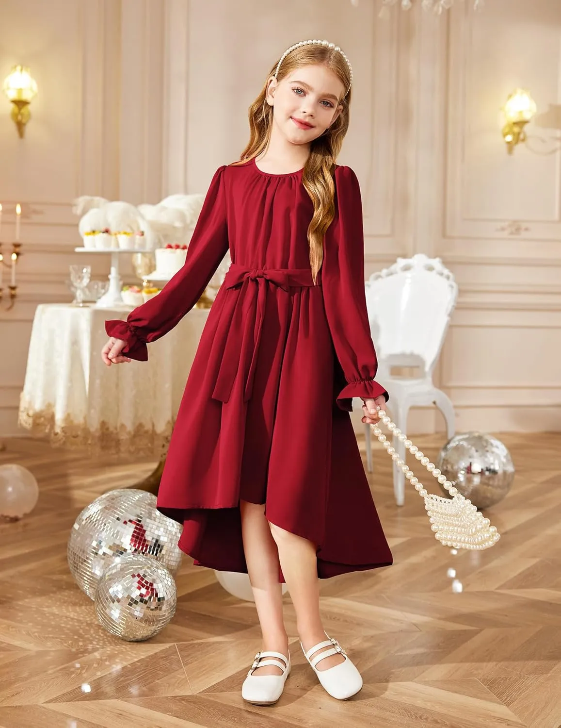 Arshiner Girls Long Sleeve Dress Low Flowy Swing Semi Party Dresses