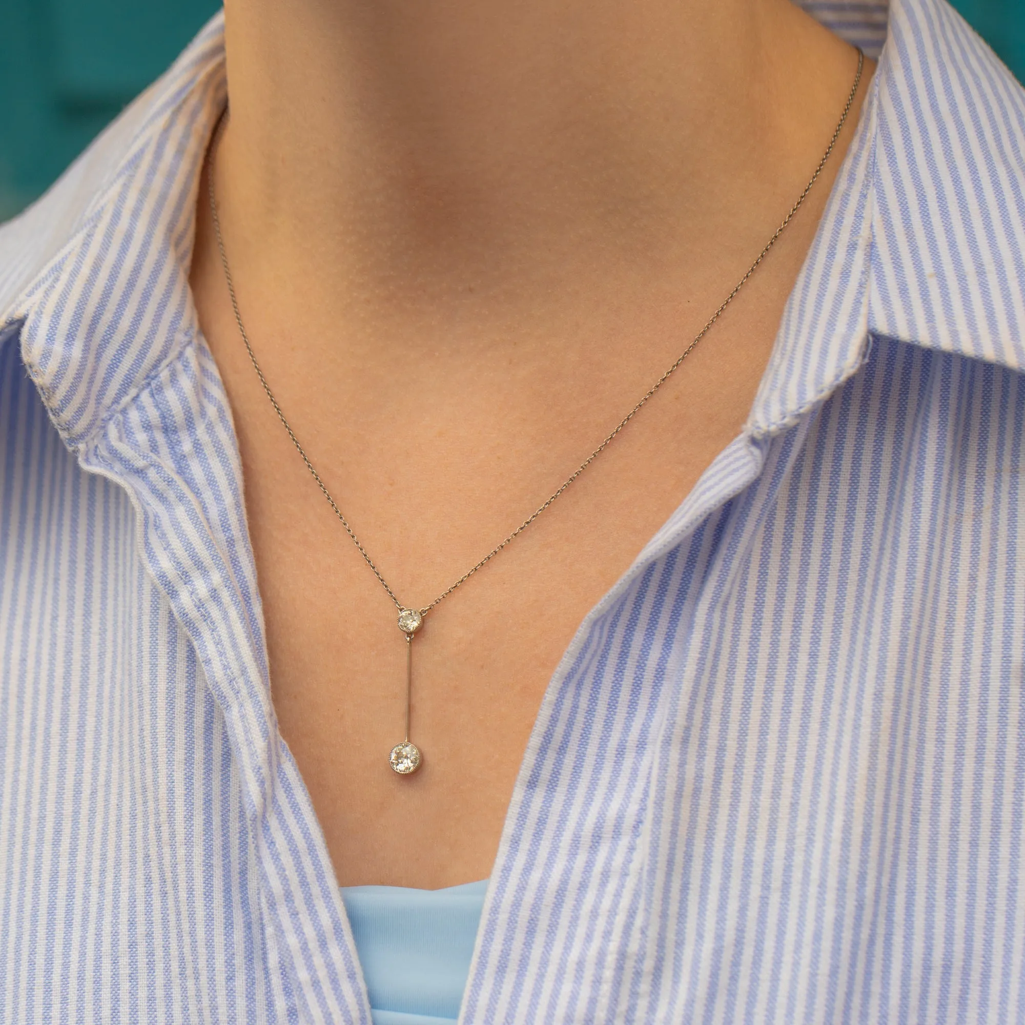 Art Deco Platinum Old European-Cut Diamond Drop Necklace, 0.80ct