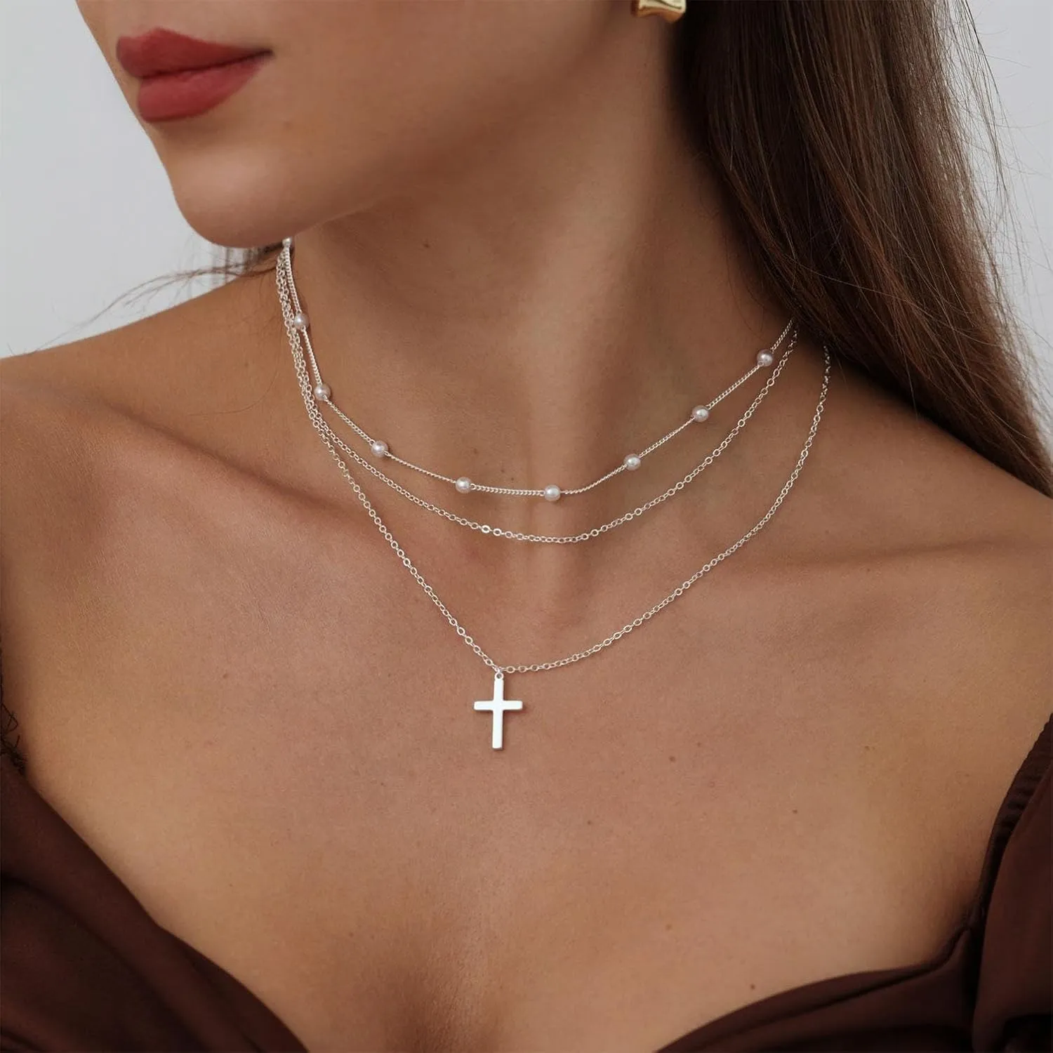 ASCOMY Cross Necklace for Women 14K Gold & Silver Plated Cross Pendant Necklace Trendy Cross Pendant Chain Necklace Minimalist Daily Decoration Jewellery For Women Dainty Religious Gift