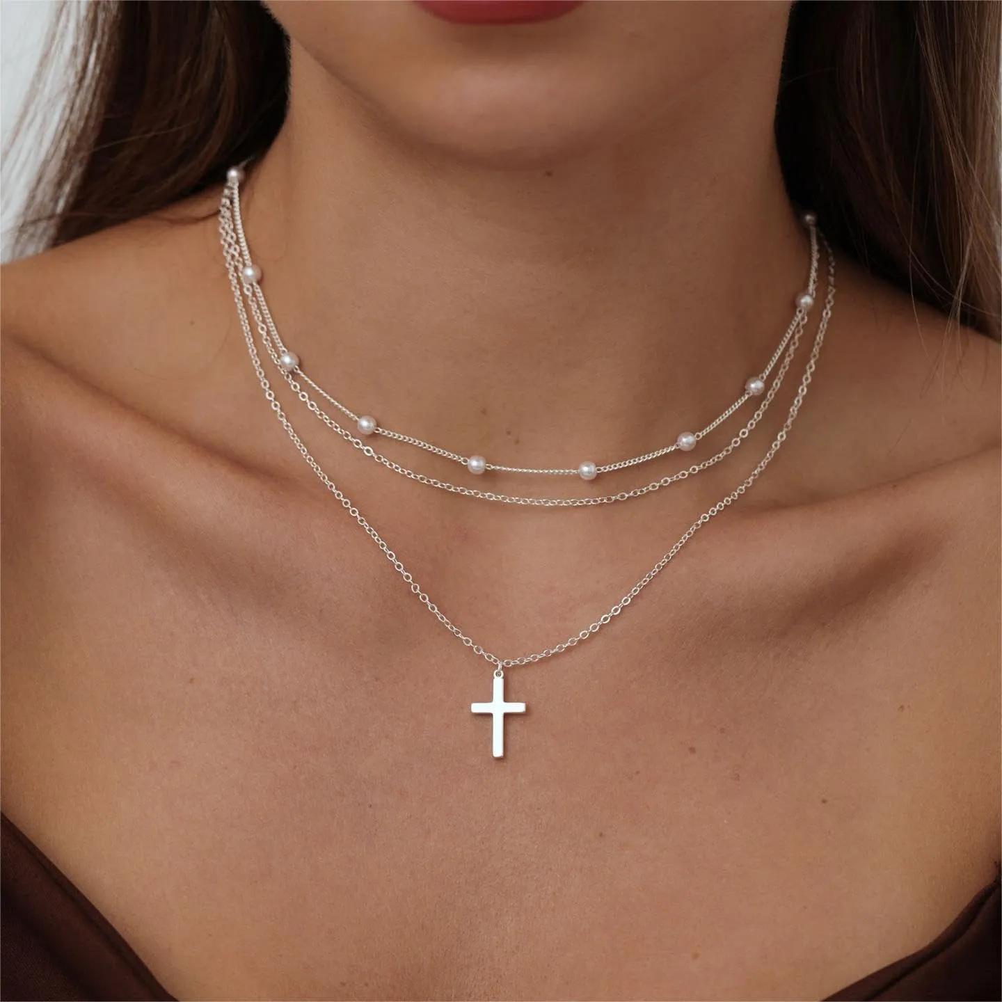 ASCOMY Cross Necklace for Women 14K Gold & Silver Plated Cross Pendant Necklace Trendy Cross Pendant Chain Necklace Minimalist Daily Decoration Jewellery For Women Dainty Religious Gift