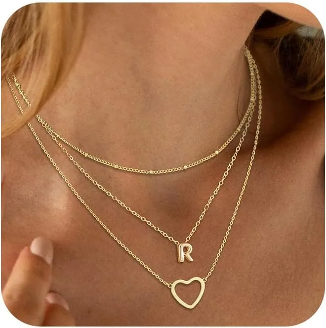 ASCOMY Gold Necklace for Women 14K Gold Plated Initial Necklaces Layered Heart Letter Necklace Layered Heart Pendant Necklace Alphabet A-Z Charm Necklaces Personalized Jewelry Gift for Women