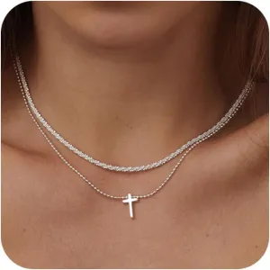ASCOMY Necklaces for Women Dainty Necklace14K Gold/Silver Plated Sparkling Twist Rope Silver Necklaces Herringbone Figaro Shiny Cubic Zirconia Pendant CZ Cross Choker Necklace Jewelry Gift for Her