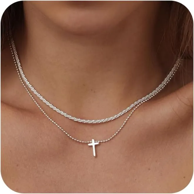 ASCOMY Necklaces for Women Dainty Necklace14K Gold/Silver Plated Sparkling Twist Rope Silver Necklaces Herringbone Figaro Shiny Cubic Zirconia Pendant CZ Cross Choker Necklace Jewelry Gift for Her