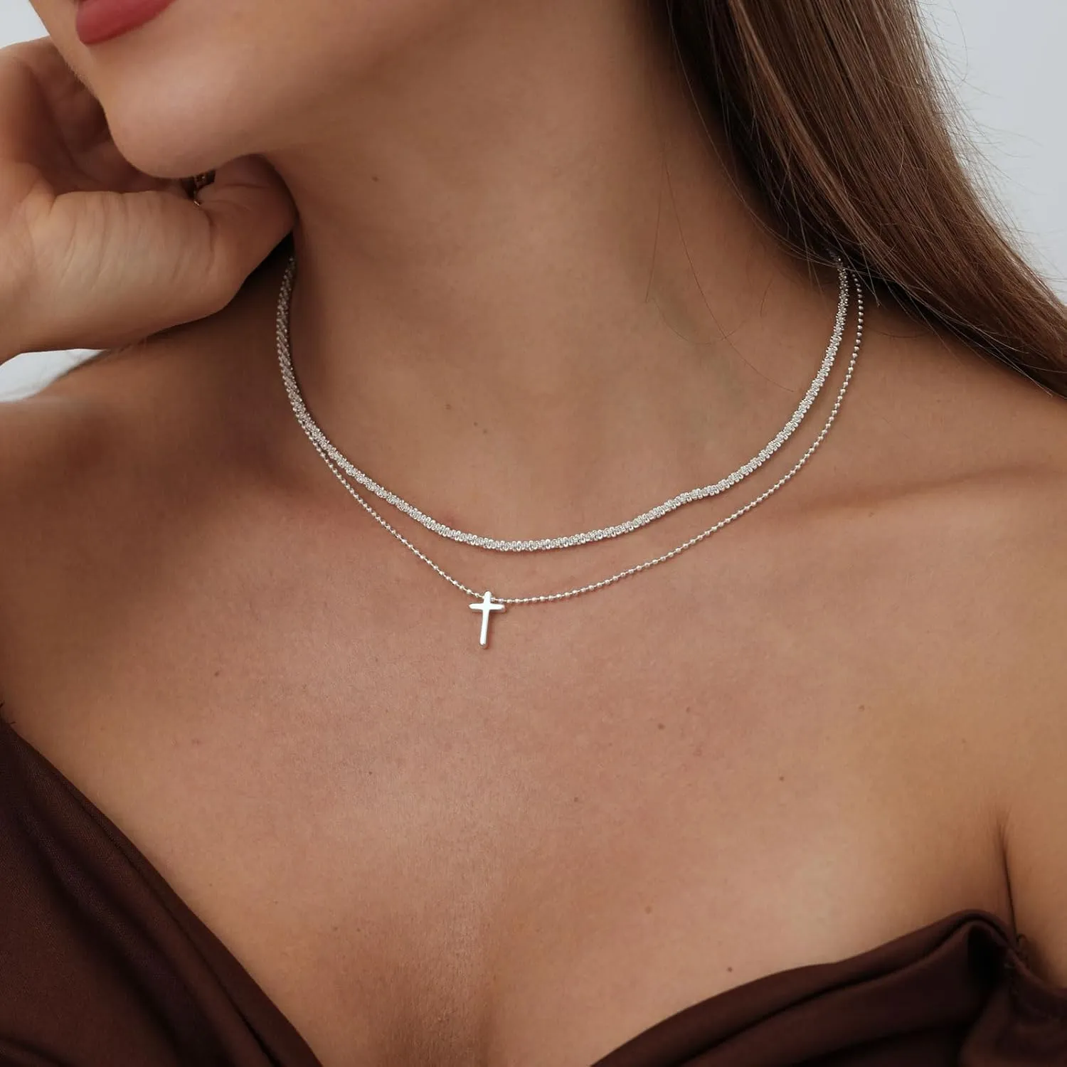 ASCOMY Necklaces for Women Dainty Necklace14K Gold/Silver Plated Sparkling Twist Rope Silver Necklaces Herringbone Figaro Shiny Cubic Zirconia Pendant CZ Cross Choker Necklace Jewelry Gift for Her