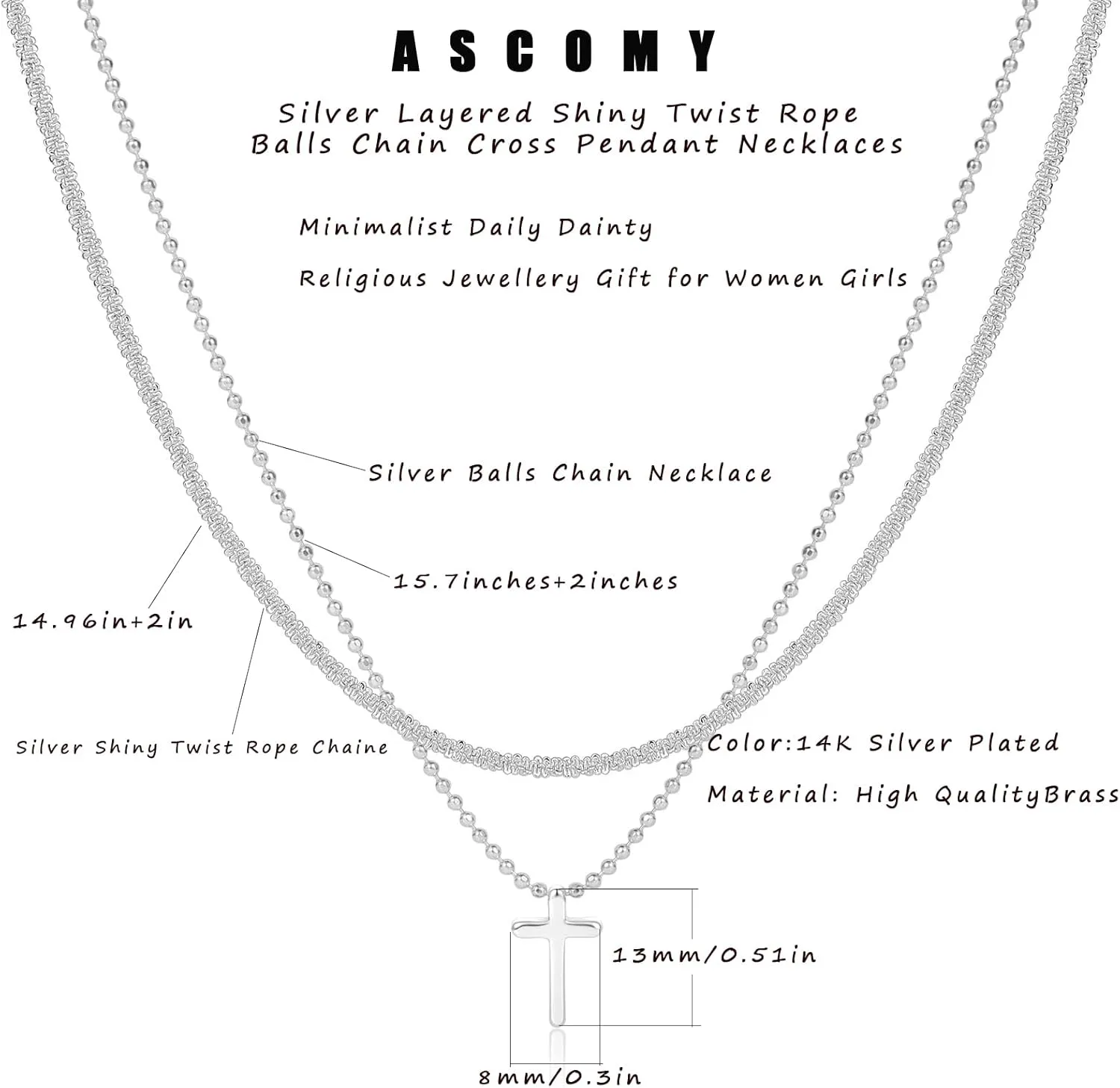 ASCOMY Necklaces for Women Dainty Necklace14K Gold/Silver Plated Sparkling Twist Rope Silver Necklaces Herringbone Figaro Shiny Cubic Zirconia Pendant CZ Cross Choker Necklace Jewelry Gift for Her