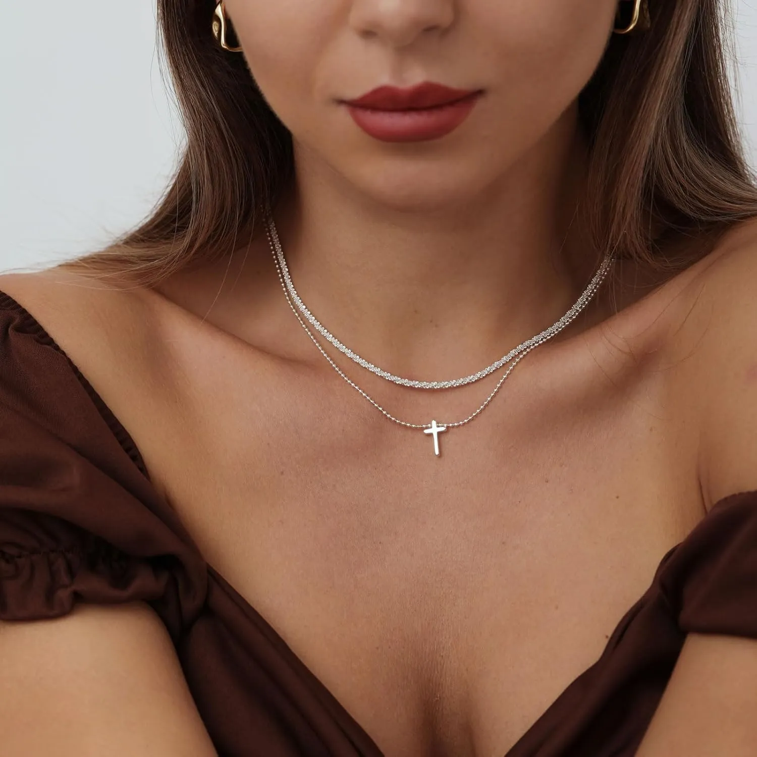 ASCOMY Necklaces for Women Dainty Necklace14K Gold/Silver Plated Sparkling Twist Rope Silver Necklaces Herringbone Figaro Shiny Cubic Zirconia Pendant CZ Cross Choker Necklace Jewelry Gift for Her