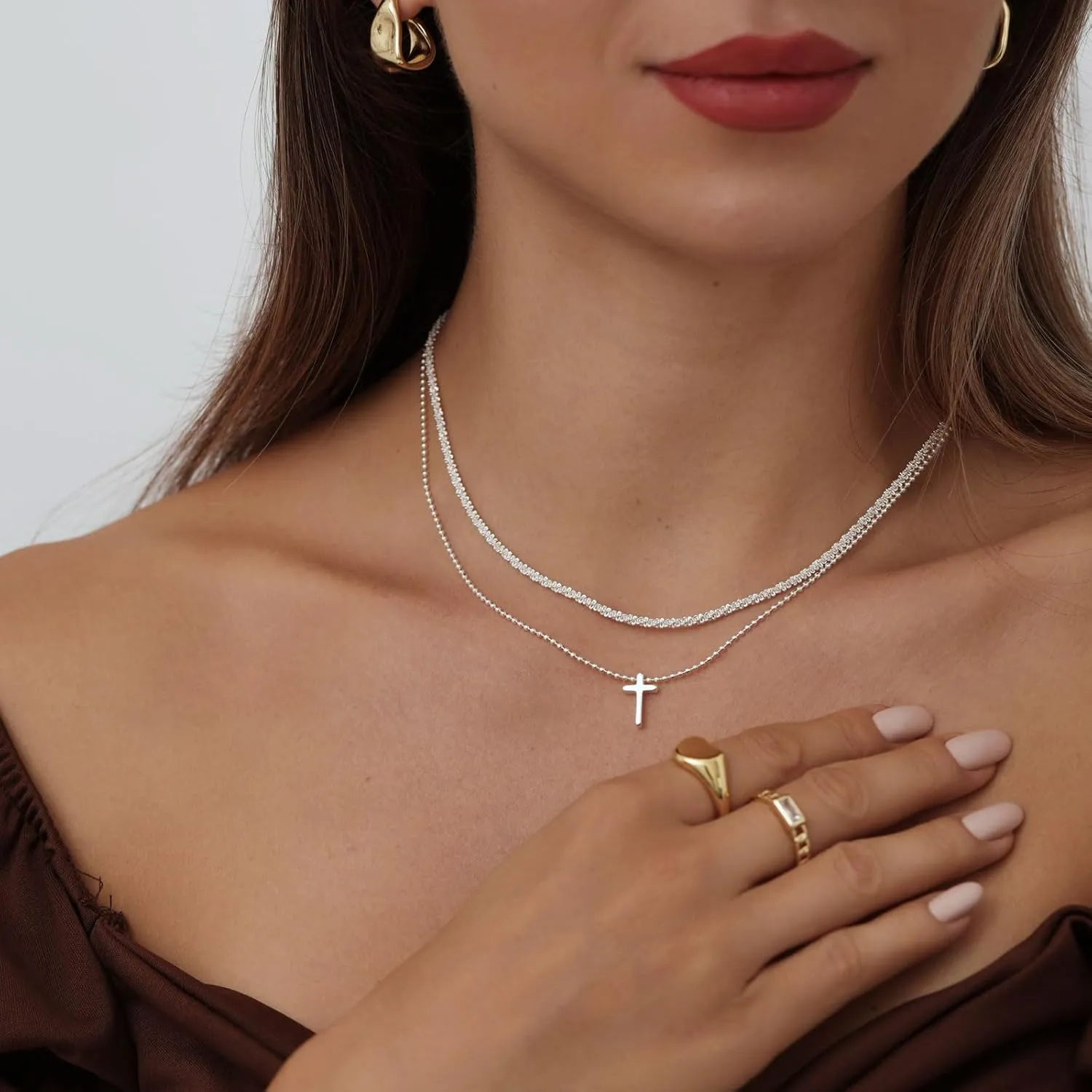 ASCOMY Necklaces for Women Dainty Necklace14K Gold/Silver Plated Sparkling Twist Rope Silver Necklaces Herringbone Figaro Shiny Cubic Zirconia Pendant CZ Cross Choker Necklace Jewelry Gift for Her