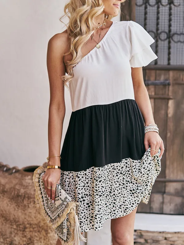 Asymmetrical Casual Leopard Print Mini Dress with Double Ruffle Sleeves