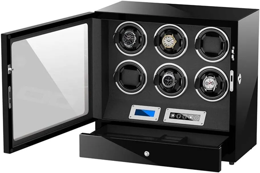 Automatic Watch Winder Box 6 Adjustable Watch Pillows Touch Display Screen LED Light Quiet Motor for Man Women Watches (Black)