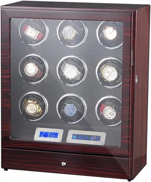Automatic Watch Winder Box 9 Wooden Storage Case LCD Touch Screen Adjustable Watch Pillows Built-in Led Light Quiet Motor,Red