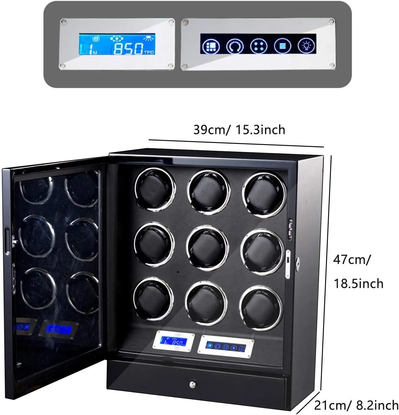 Automatic Watch Winder Box 9 Wooden Storage Case LCD Touch Screen Adjustable Watch Pillows Built-in Led Light Quiet Motor,Red