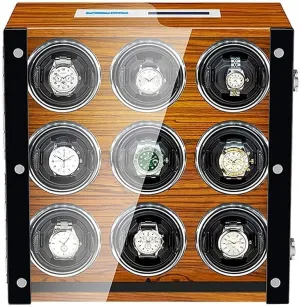 Automatic Watch Winder for 9 Watches LCD Touch Screen LED Backlight Adjustable Watch Pillows Wooden Shell