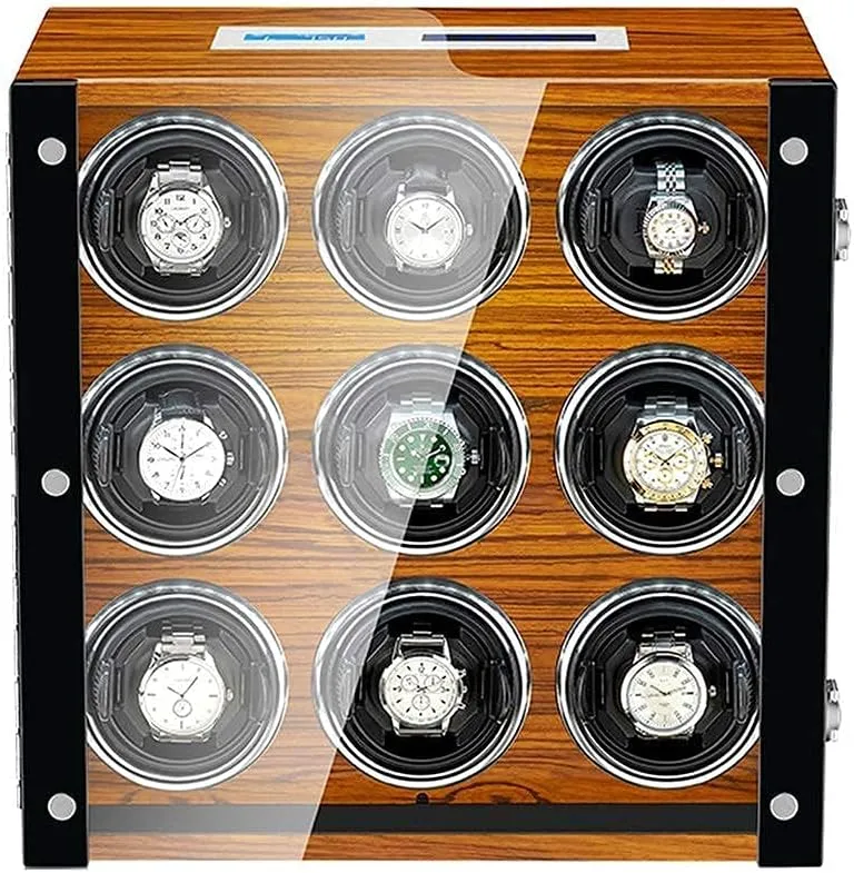 Automatic Watch Winder for 9 Watches LCD Touch Screen LED Backlight Adjustable Watch Pillows Wooden Shell