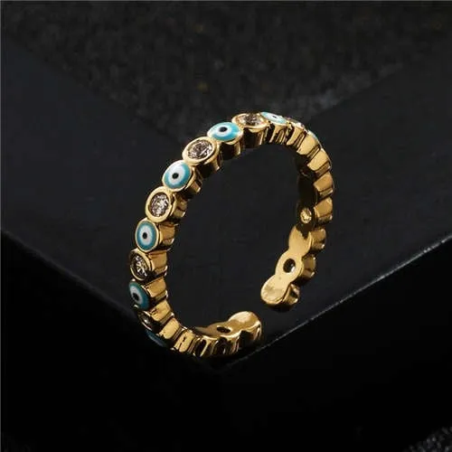 Azure Gaze: Enamel Evil Eye Adjustable Gold-Plated Ring