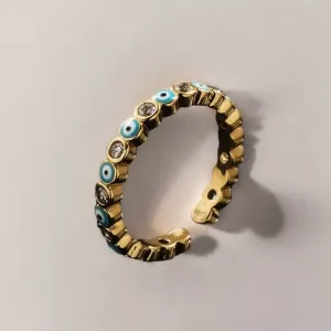 Azure Gaze: Enamel Evil Eye Adjustable Gold-Plated Ring