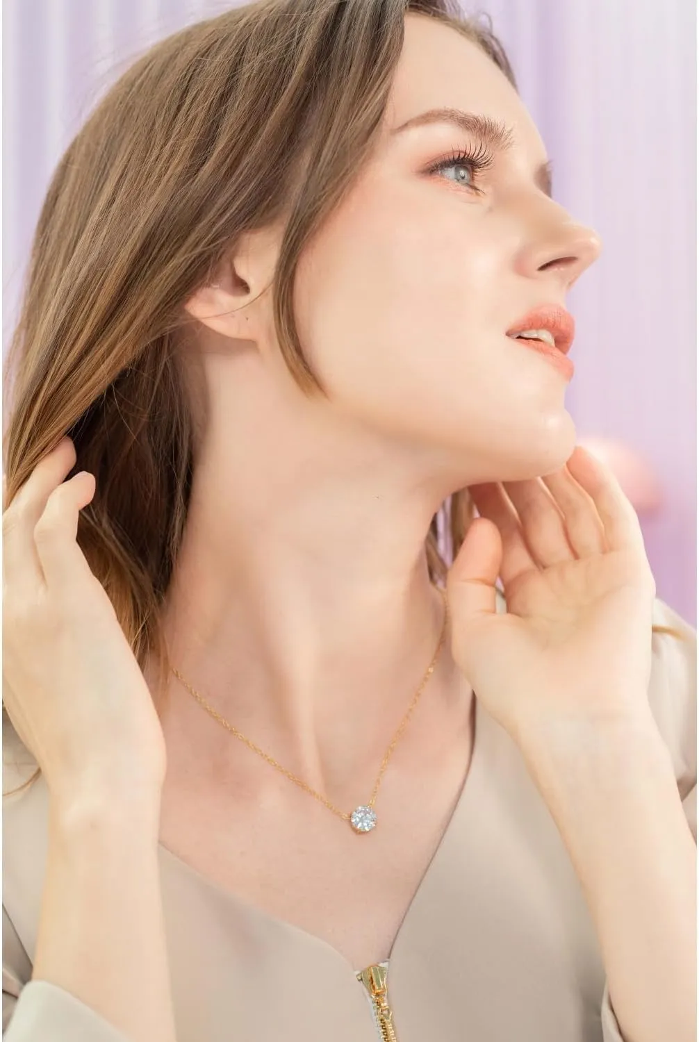 B. BRILLIANT Dainty Solitaire Pendant Necklace for Women with Jewelry Gift Box  CZ Short Choker Collar Necklace - Round Cubic Zirconia Sterling Silver Necklaces
