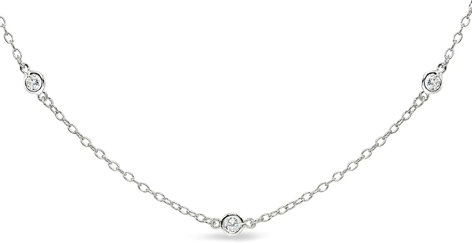 B. BRILLIANT Short Collar Choker CZ Station Chain Necklace for Women Sterling Silver Necklaces, 13 Inches plus 3 Inch Extender