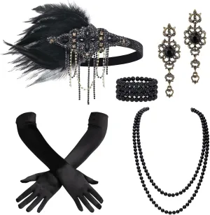 BABEYOND 1920s Accessories for Women - Flapper Feather Headband Headpiece for Women Pearl Bracelet Necklace Gloves