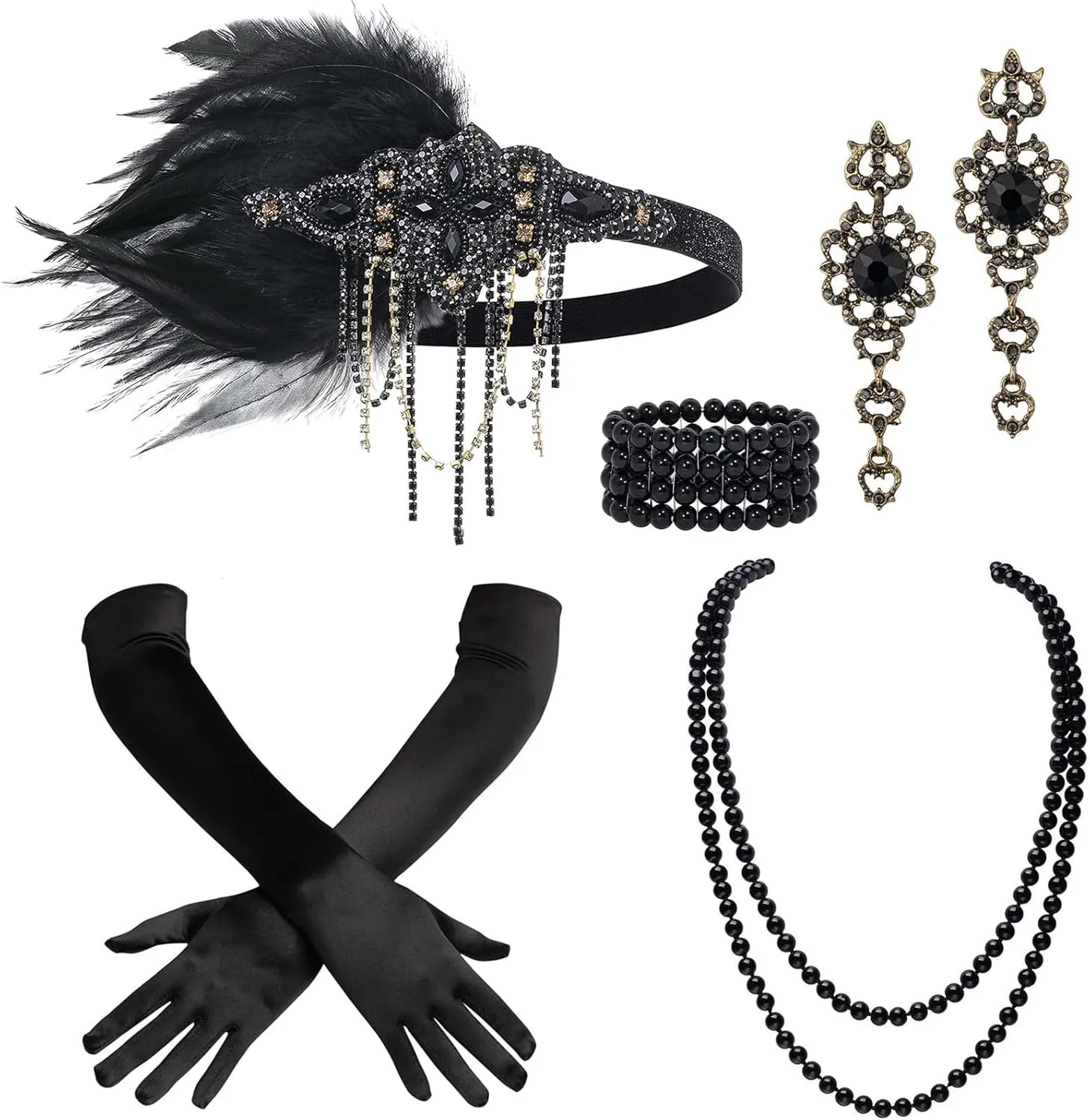 BABEYOND 1920s Accessories for Women - Flapper Feather Headband Headpiece for Women Pearl Bracelet Necklace Gloves