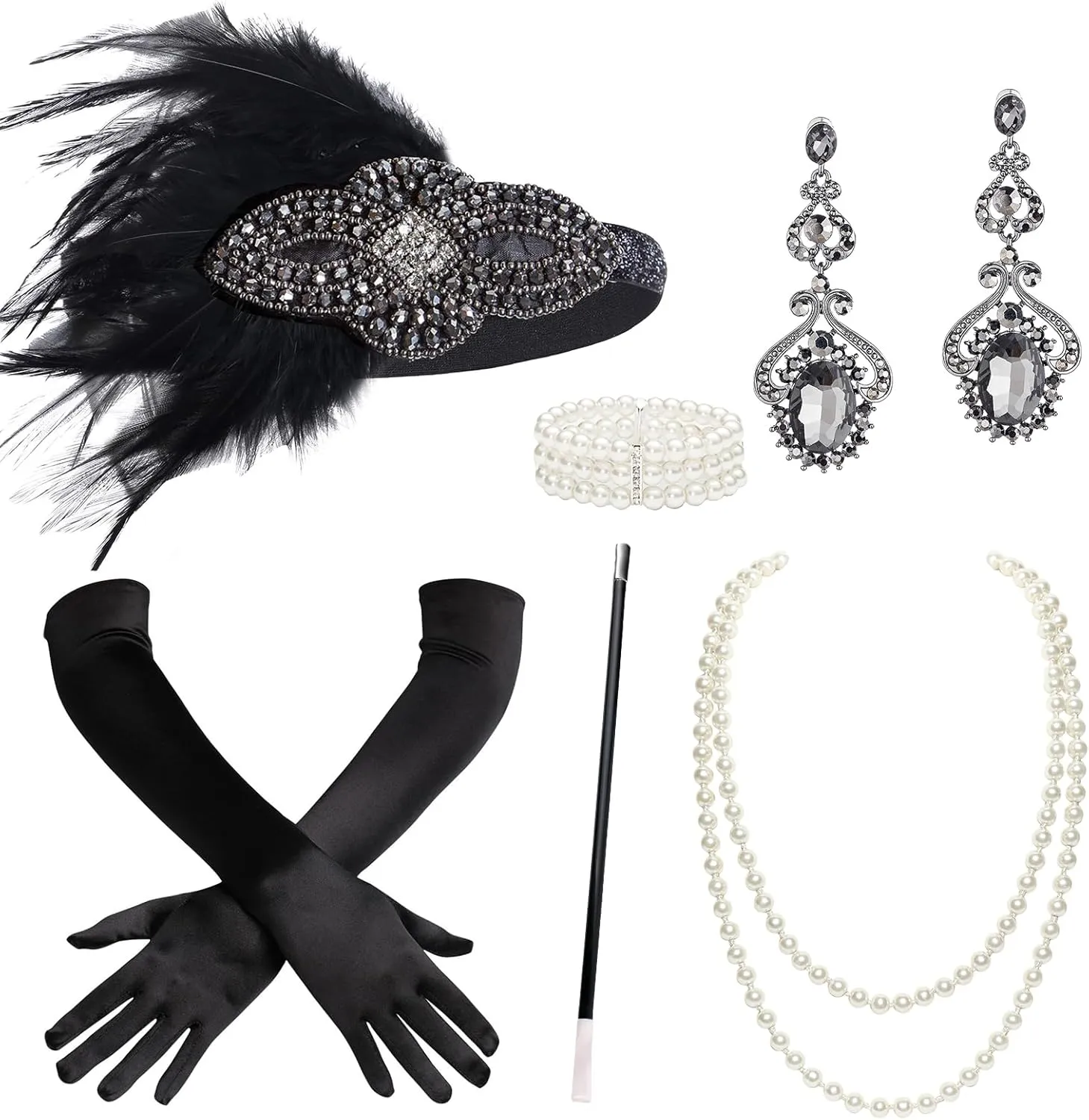 BABEYOND 1920s Accessories for Women - Flapper Headpiece Great Gatsby Accessories for Women Pearl Bracelet Necklace Gloves