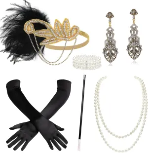 BABEYOND 1920s Accessories for Women - Flapper Headpiece Great Gatsby Accessories for Women Pearl Bracelet Necklace Gloves