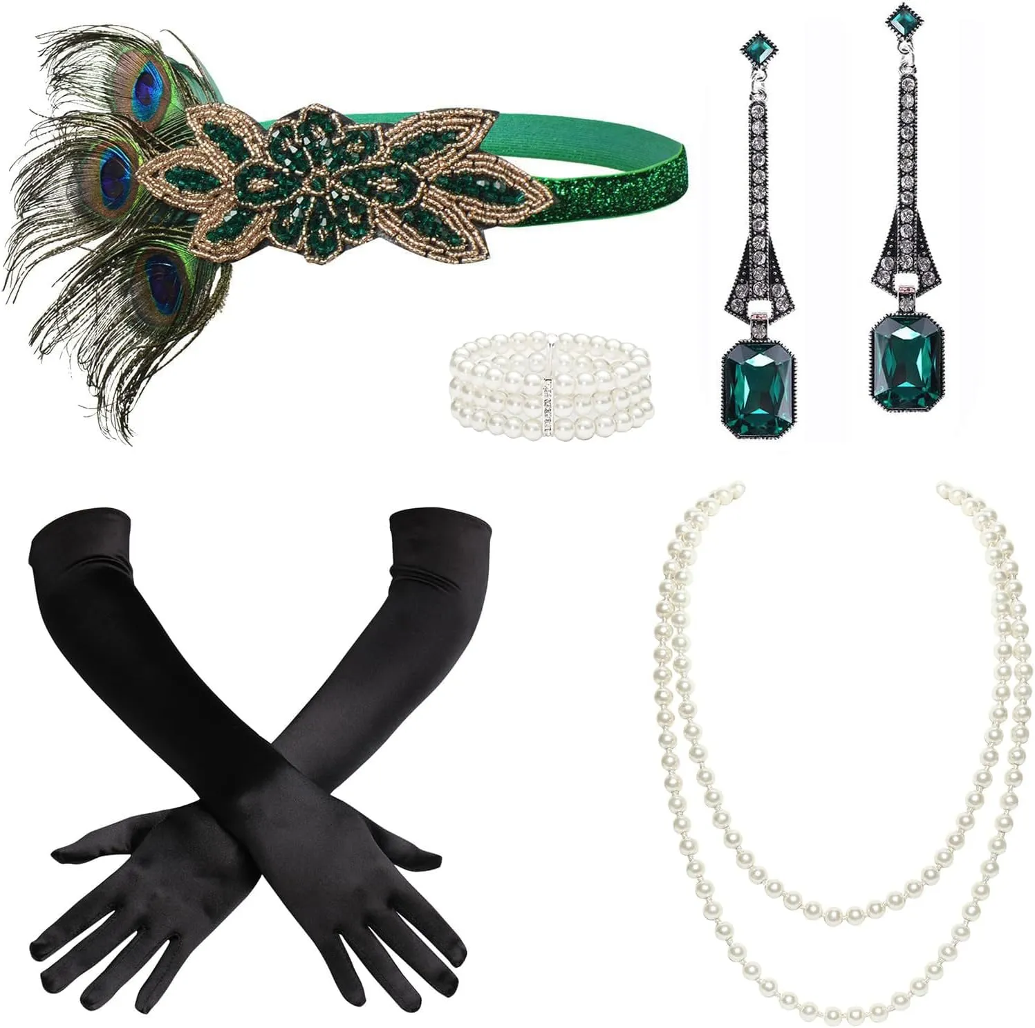 BABEYOND 1920s Accessories for Women - Flapper Headpiece Great Gatsby Accessories for Women Pearl Bracelet Necklace Gloves