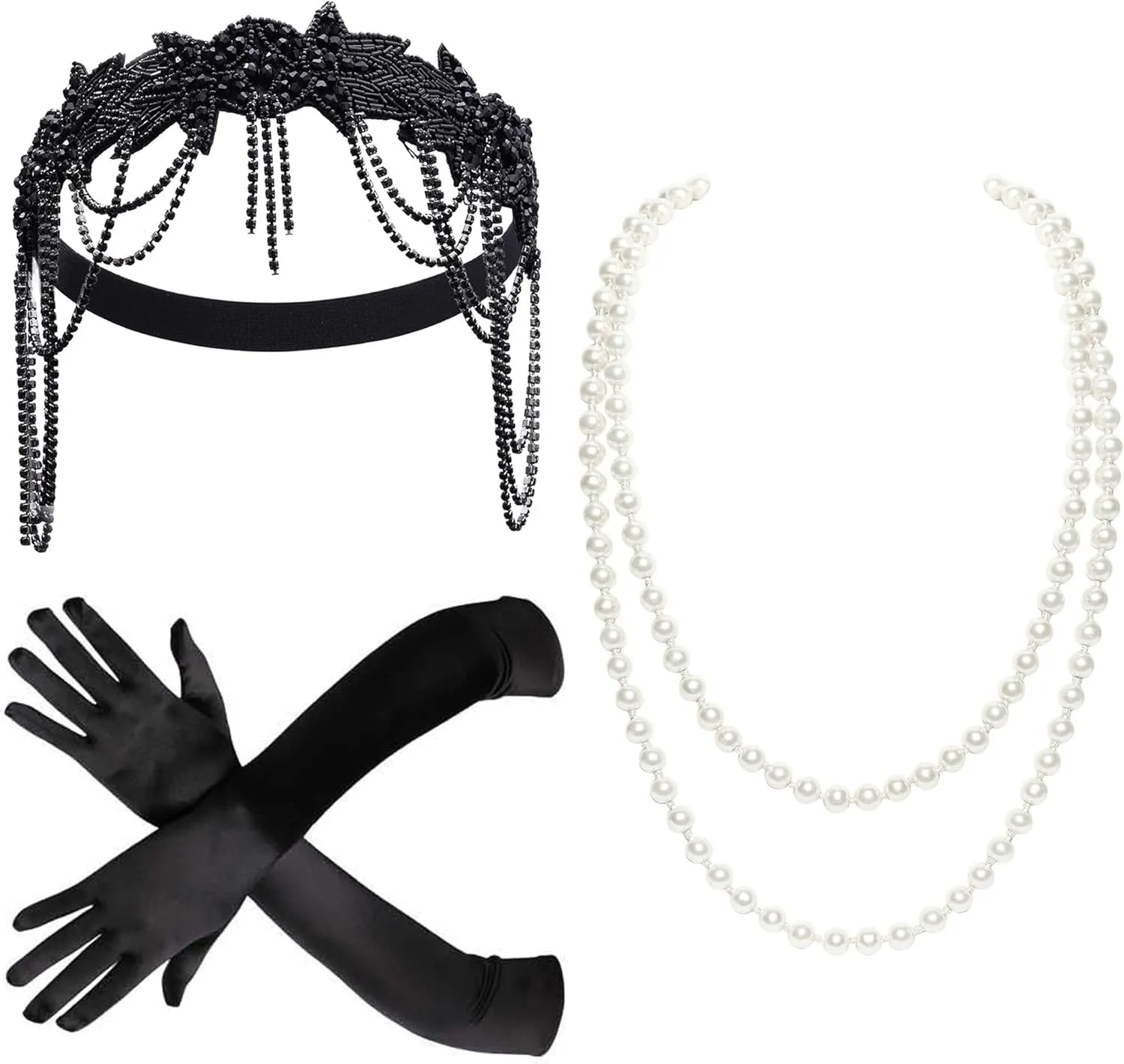 BABEYOND 1920s Accessories for Women - Great Gatsby Accessories Flapper Headband Headpiece Pearl Necklace Gloves for Women