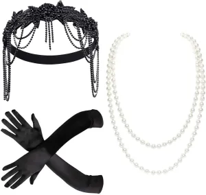 BABEYOND 1920s Accessories for Women - Great Gatsby Accessories Flapper Headband Headpiece Pearl Necklace Gloves for Women