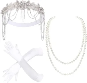 BABEYOND 1920s Accessories for Women - Great Gatsby Accessories Flapper Headband Headpiece Pearl Necklace Gloves for Women