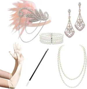 BABEYOND 1920s Flapper Accessories Gatsby Costume Accessories Set 20s Flapper Headband Pearl Necklace Gloves Plastic Holder
