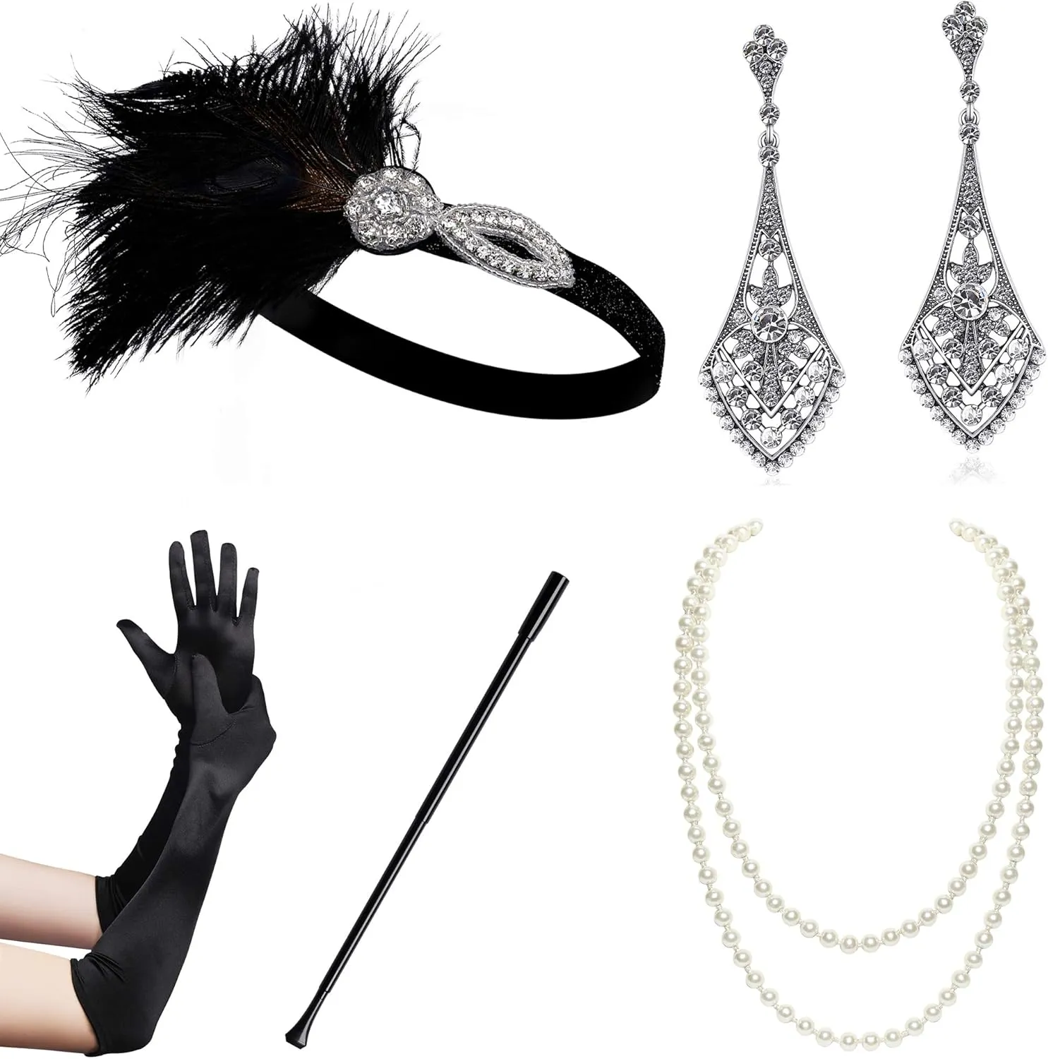 BABEYOND 1920s Flapper Accessories Gatsby Costume Accessories Set 20s Flapper Headband Pearl Necklace Gloves Plastic Holder