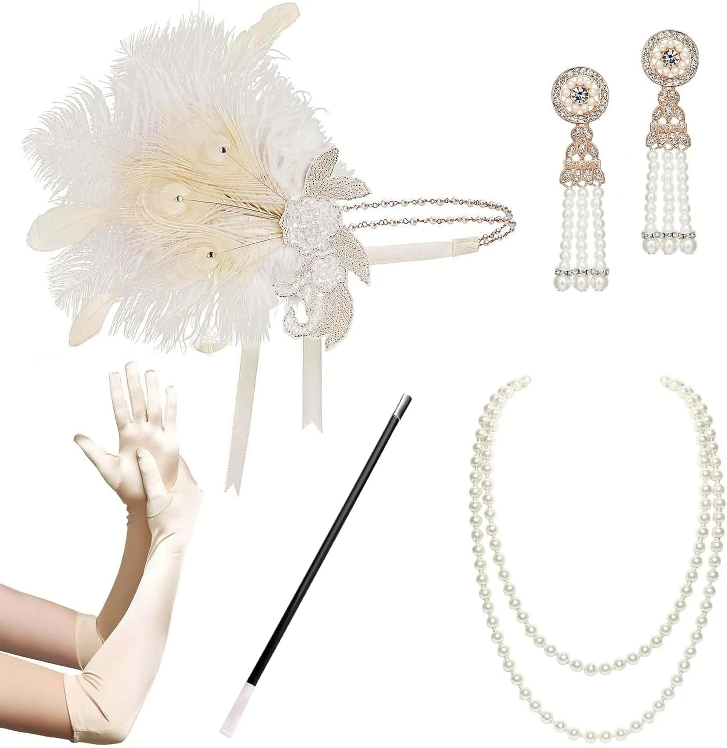 BABEYOND 1920s Flapper Accessories Gatsby Costume Accessories Set 20s Flapper Headband Pearl Necklace Gloves Plastic Holder