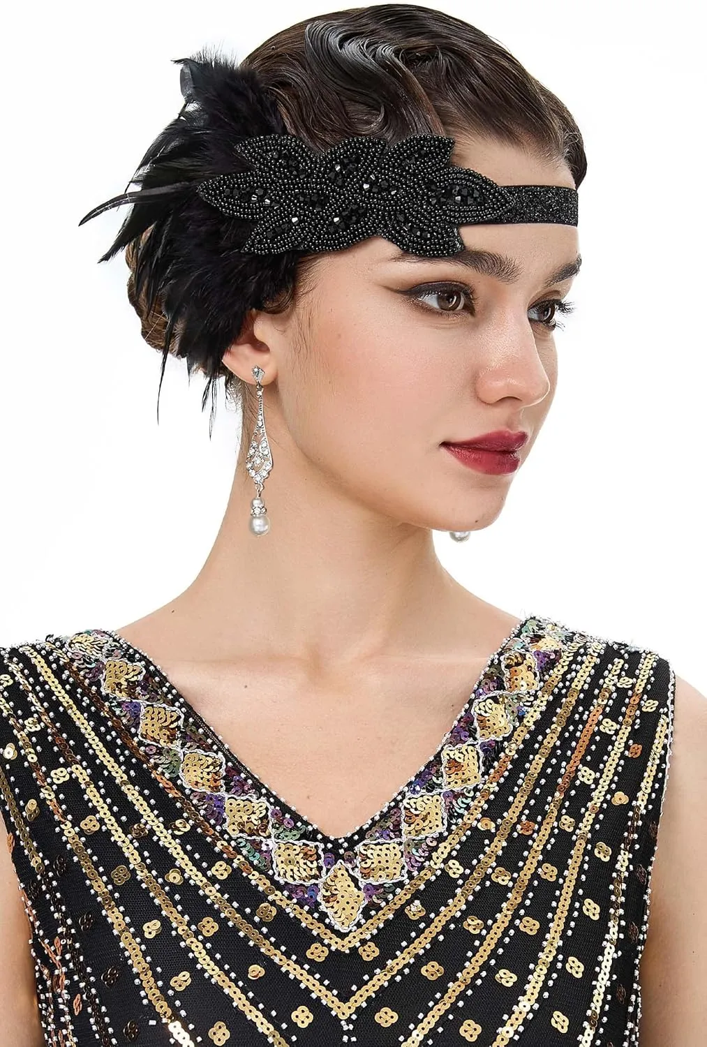 BABEYOND 1920s Flapper Accessories Great Gatsby Costume Accessories 20s Flapper Headband Pearl Necklace Gloves Plastic Holder