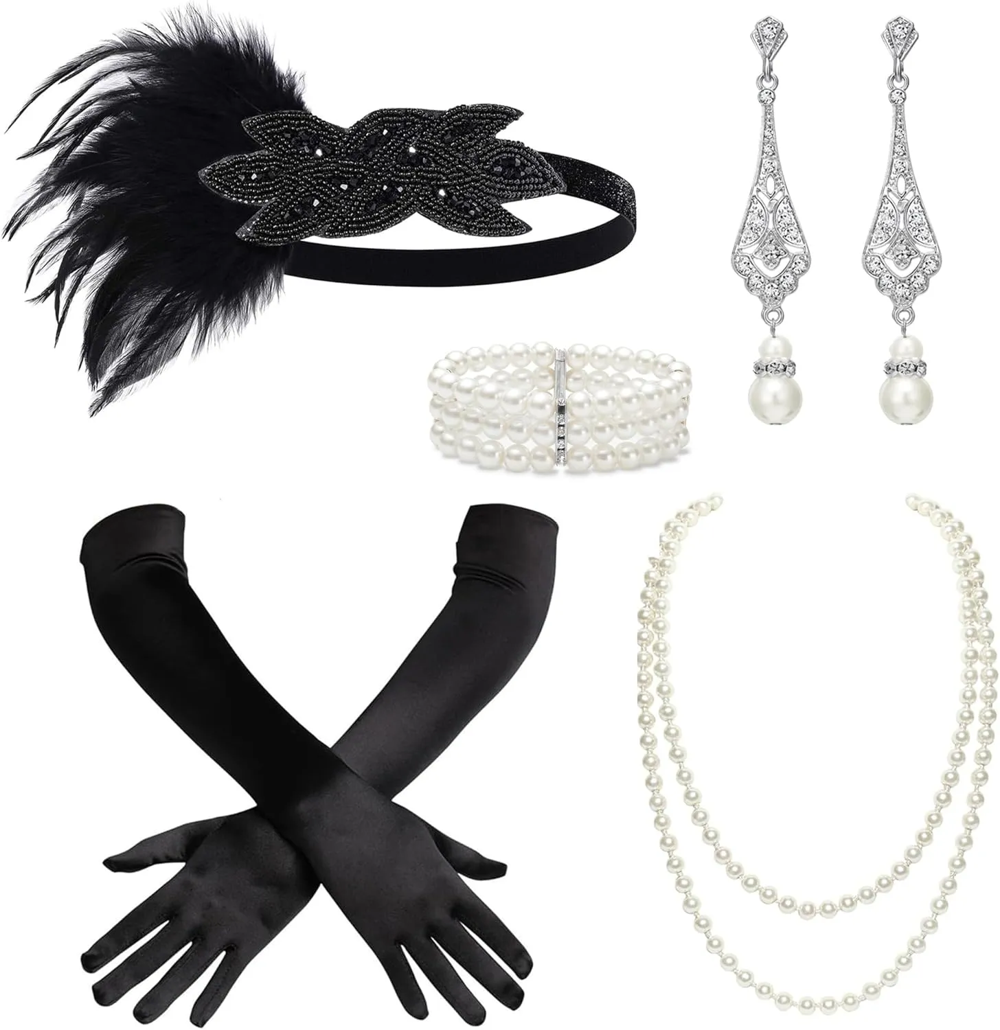 BABEYOND 1920s Flapper Accessories Great Gatsby Costume Accessories 20s Flapper Headband Pearl Necklace Gloves Plastic Holder