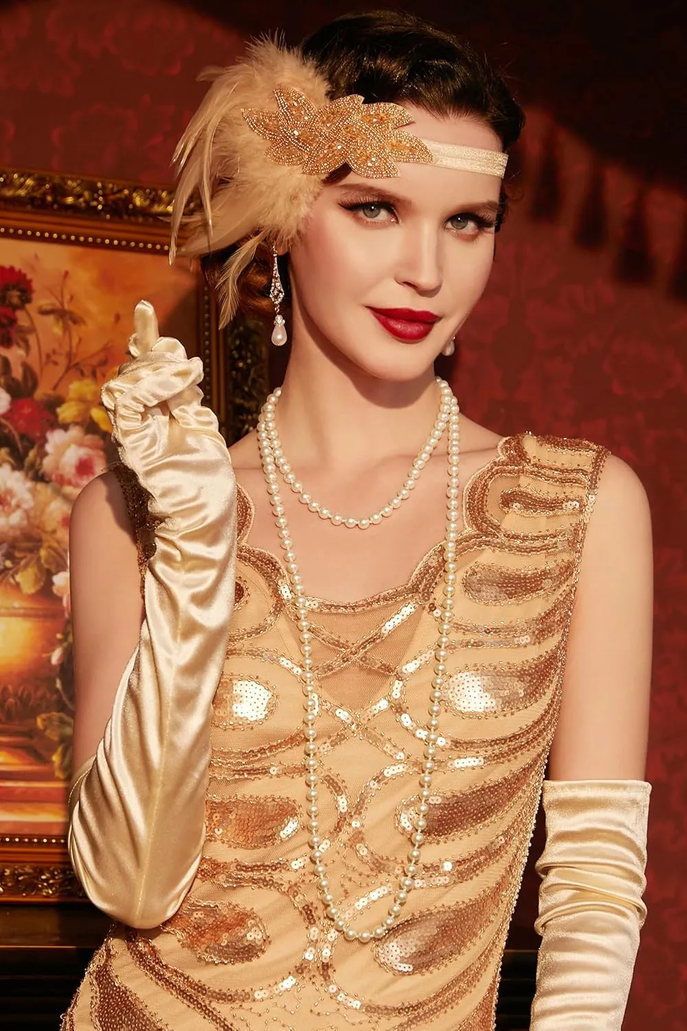 BABEYOND 1920s Flapper Accessories Great Gatsby Costume Accessories 20s Flapper Headband Pearl Necklace Gloves Plastic Holder