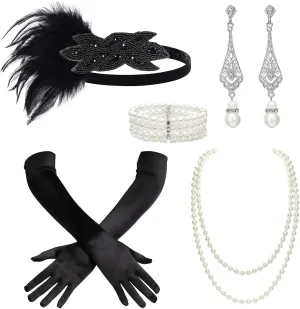 BABEYOND 1920s Flapper Accessories Great Gatsby Costume Accessories 20s Flapper Headband Pearl Necklace Gloves Plastic Holder