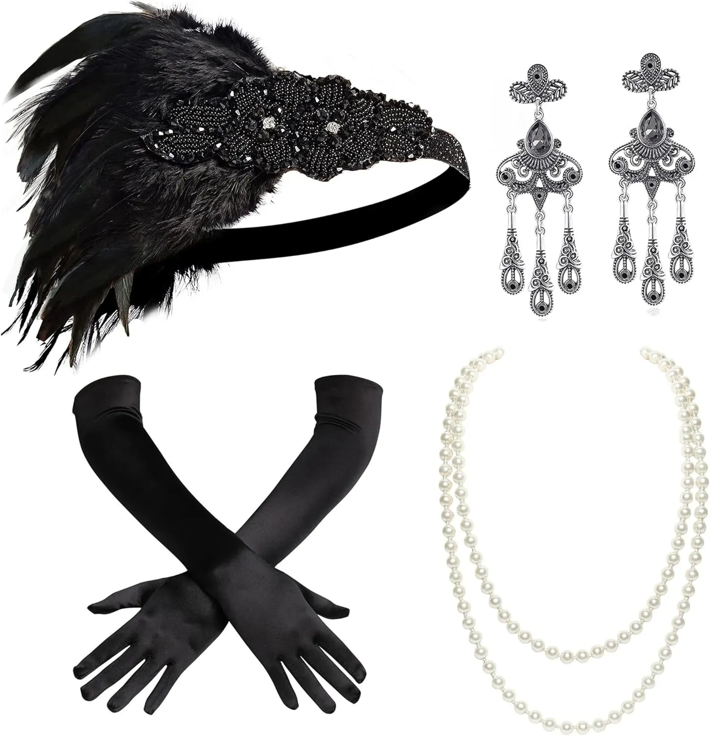 BABEYOND 1920s Flapper Accessories Set Gatsby Costume Accessories 20s Flapper Headband Pearl Necklace Gloves Holder