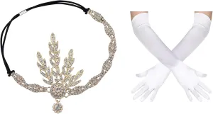 BABEYOND 1920s Flapper Pearl Leaf Headpiece Great Gatsby Inspired Headband Long Satin Opera Gloves Tea Party Costume
