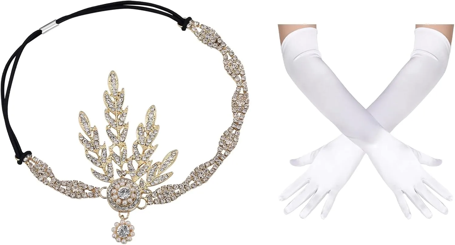 BABEYOND 1920s Flapper Pearl Leaf Headpiece Great Gatsby Inspired Headband Long Satin Opera Gloves Tea Party Costume