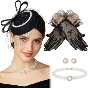 BABEYOND Fascinators Hat for Women - 4Pcs Tea Party Headwear and Gloves Kentucky Wedding Pillbox Headband with Jewelry Set