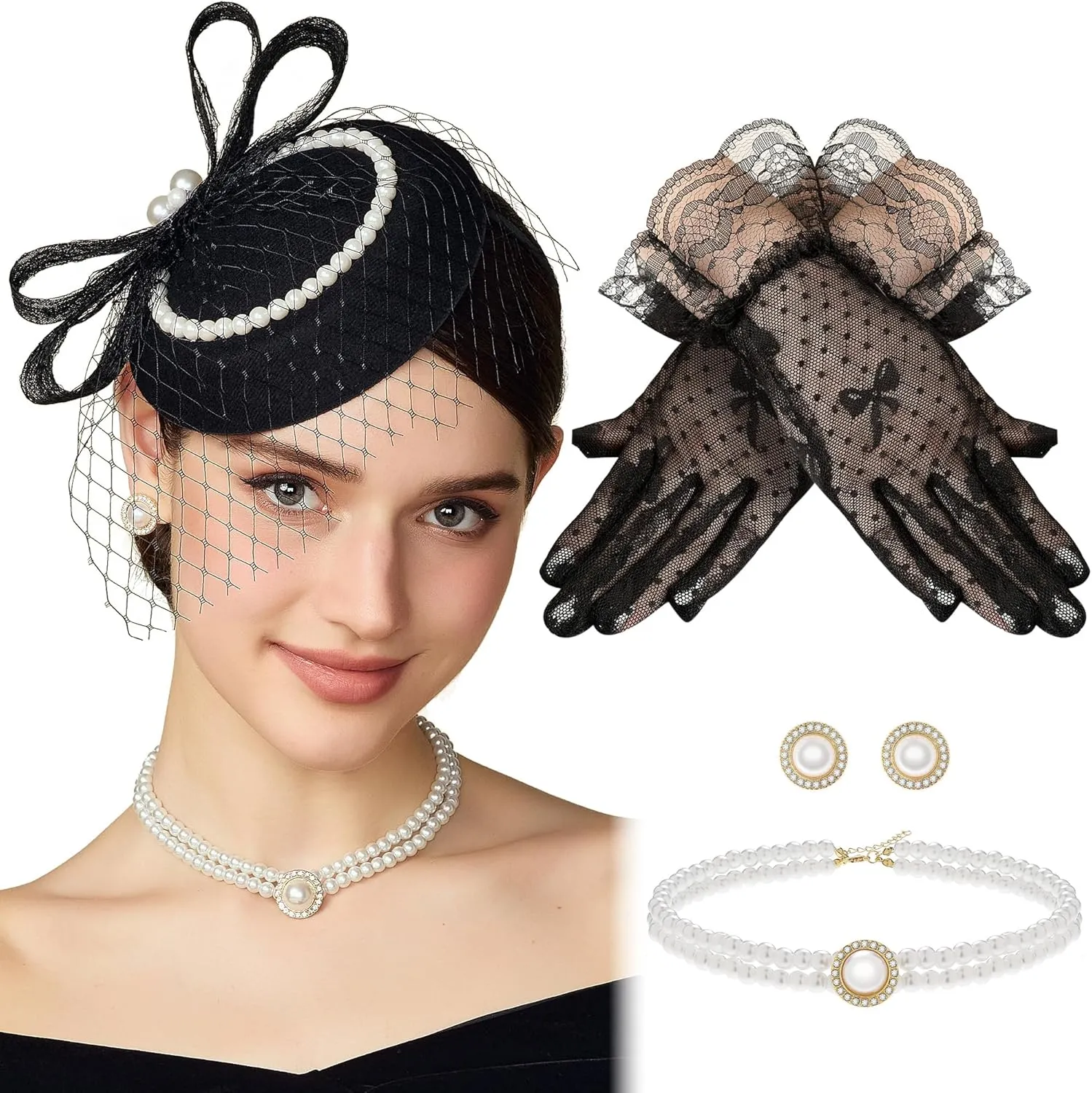 BABEYOND Fascinators Hat for Women - 4Pcs Tea Party Headwear and Gloves Kentucky Wedding Pillbox Headband with Jewelry Set