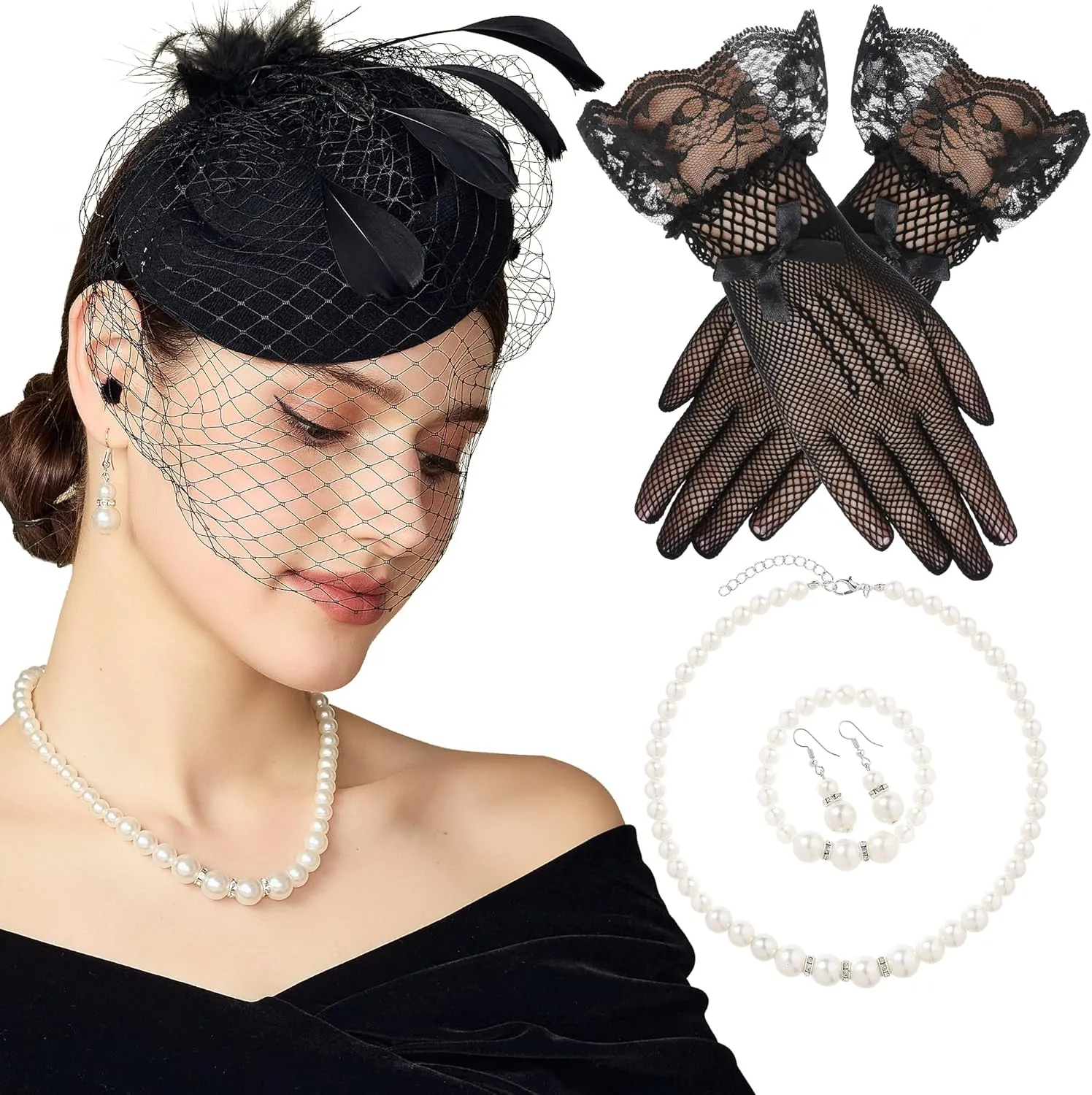 BABEYOND Fascinators Hat for Women - 5Pcs Tea Party Headwear and Gloves Kentucky Wedding Pillbox Fascinator with Jewelry Set