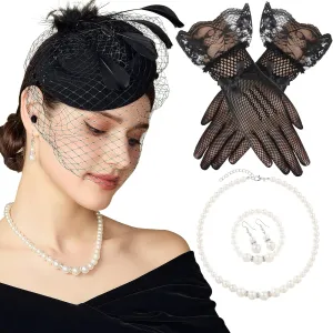 BABEYOND Fascinators Hat for Women - 5Pcs Tea Party Headwear and Gloves Kentucky Wedding Pillbox Fascinator with Jewelry Set