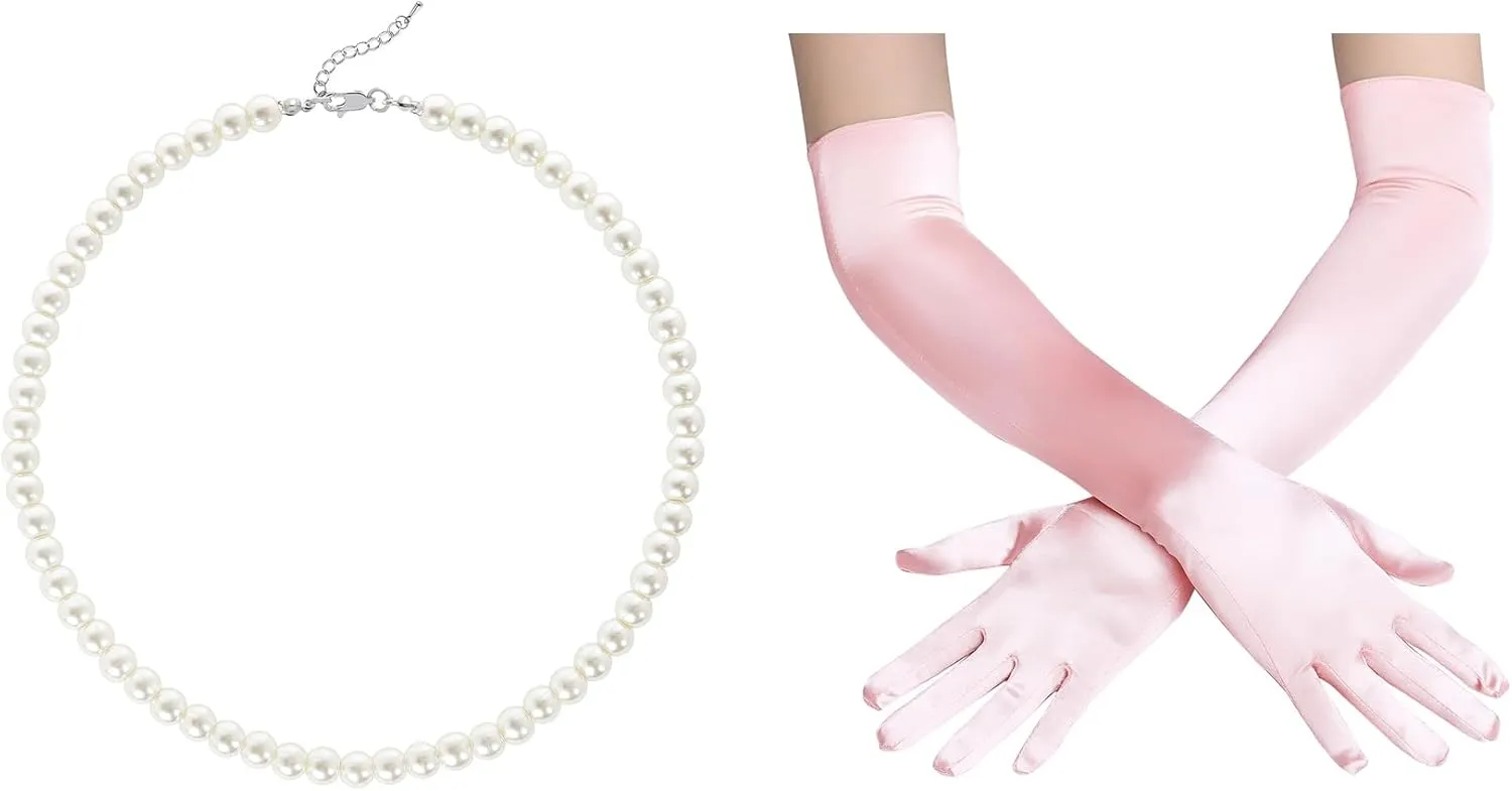 BABEYOND Round Imitation Pearl Necklace Wedding Pearl Necklace for Brides with 1920s Satin Tea Party Gloves Costume