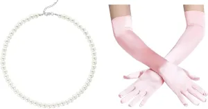 BABEYOND Round Imitation Pearl Necklace Wedding Pearl Necklace for Brides with 1920s Satin Tea Party Gloves Costume