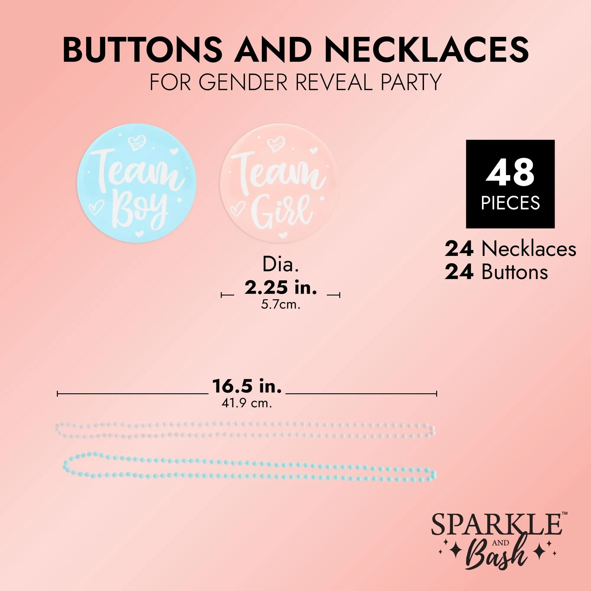 Baby Gender Reveal Party Favors, Team Boy and Girl Button Pins, Bead Necklaces (48 Pieces)