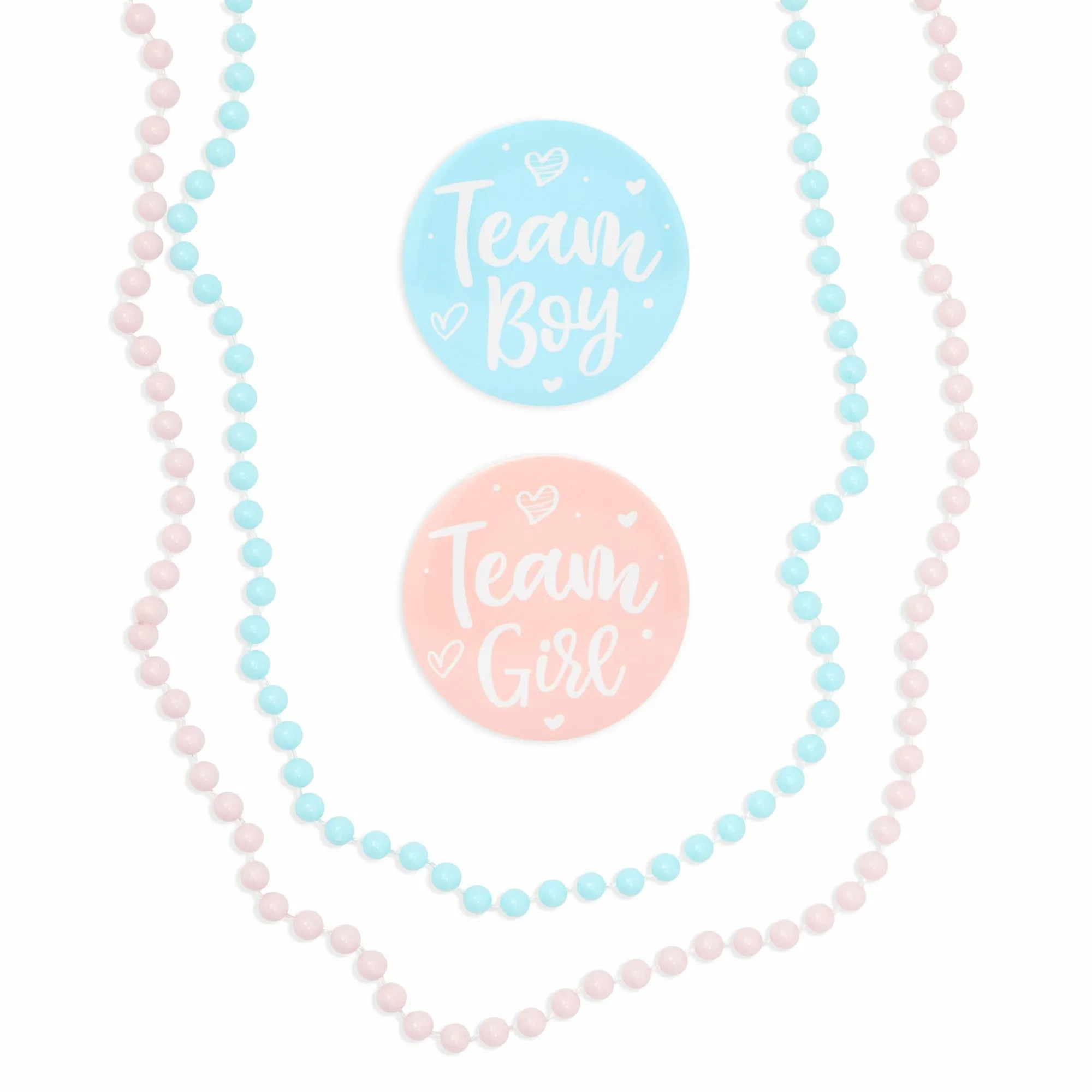 Baby Gender Reveal Party Favors, Team Boy and Girl Button Pins, Bead Necklaces (48 Pieces)