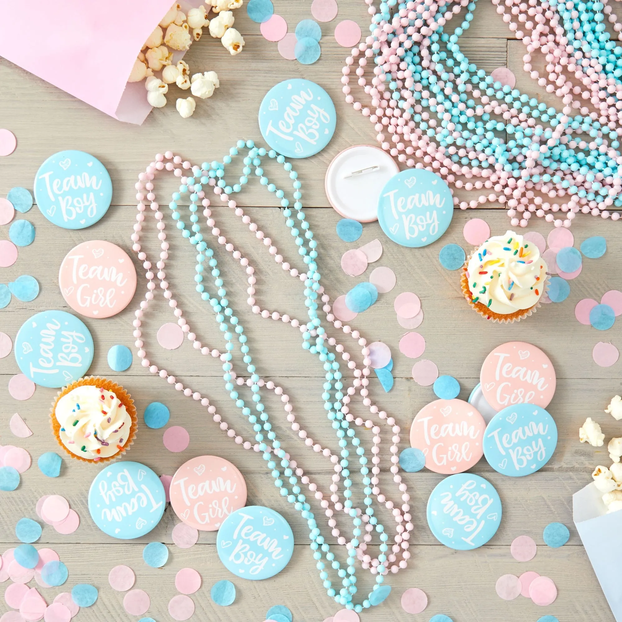 Baby Gender Reveal Party Favors, Team Boy and Girl Button Pins, Bead Necklaces (48 Pieces)