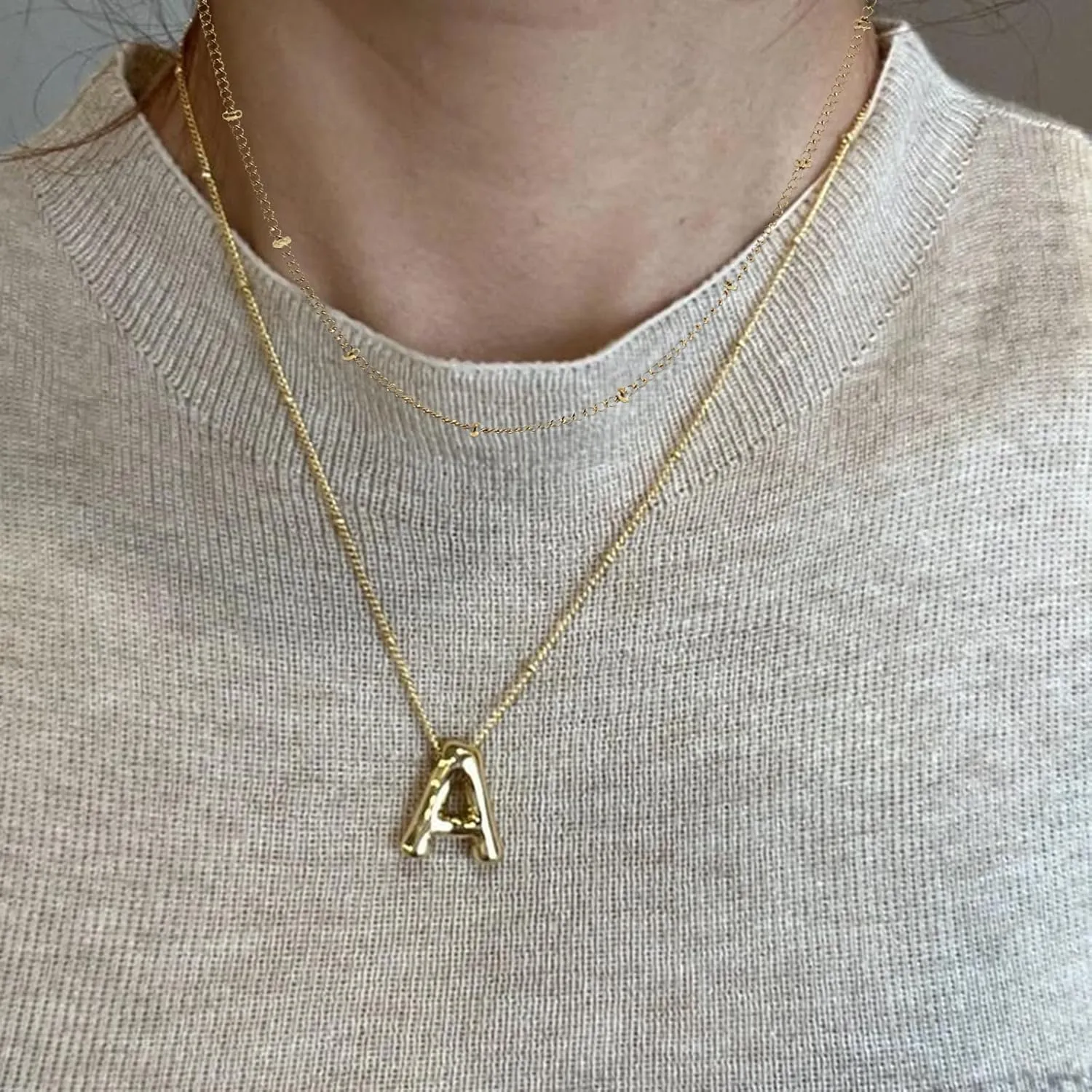 Balloon Bubble Letter Necklace，18K Gold Name Letter Alphabet Pendant，Layered Gold Necklaces, for Women Girls Name Personalized Jewelry Gift